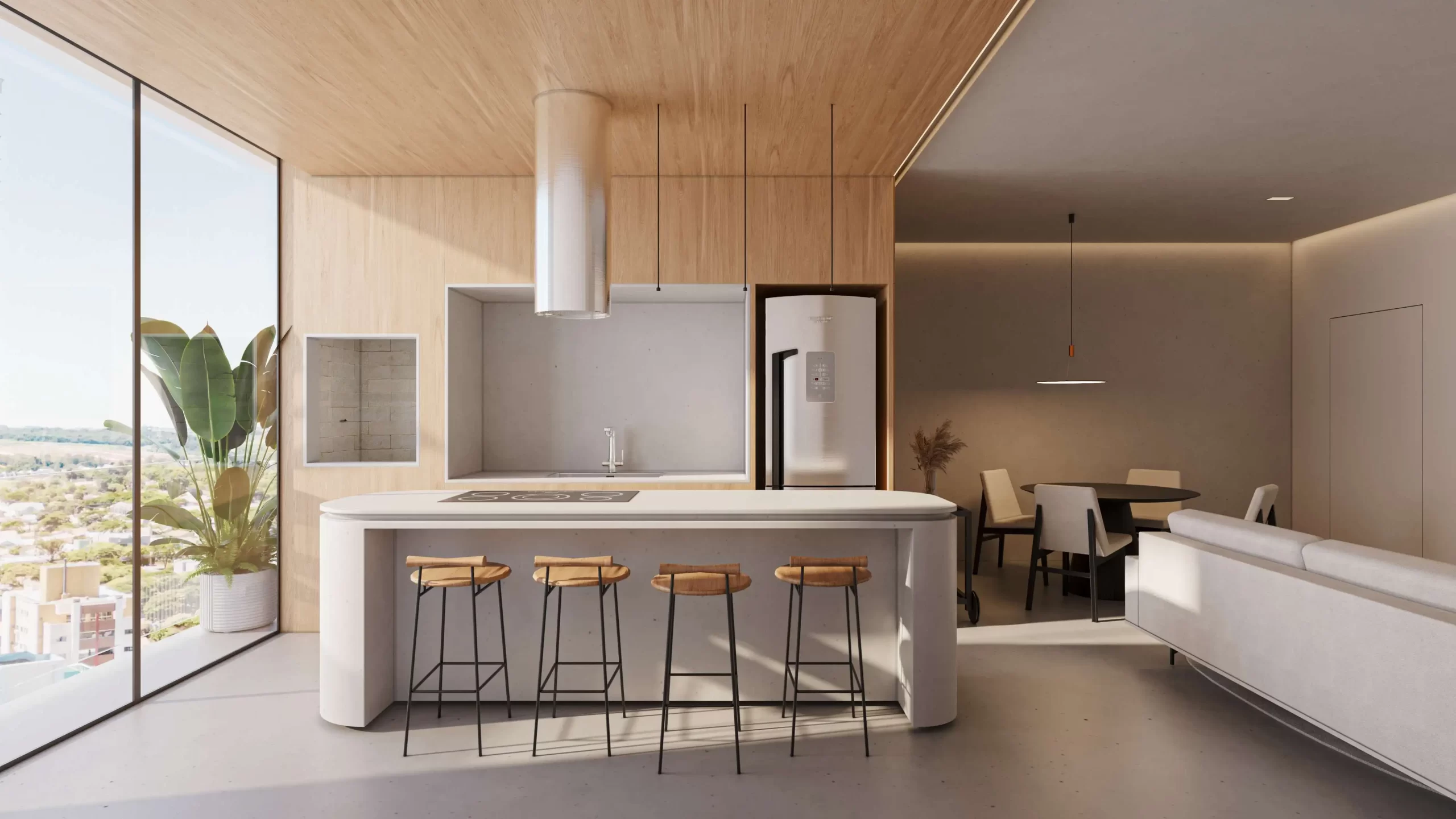 Cozinha moderna e área de jantar de um apartamento com 1 quarto em Toledo, com design minimalista, ilha central com banquetas, iluminação pendente e vista urbana pela janela.