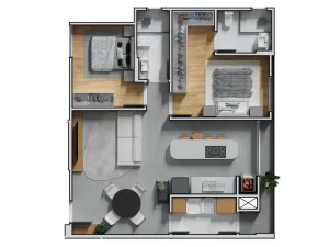 Planta de apartamento de 2 quartos com sala integrada, cozinha com ilha, banheiro central e dois dormitórios com armários planejados.