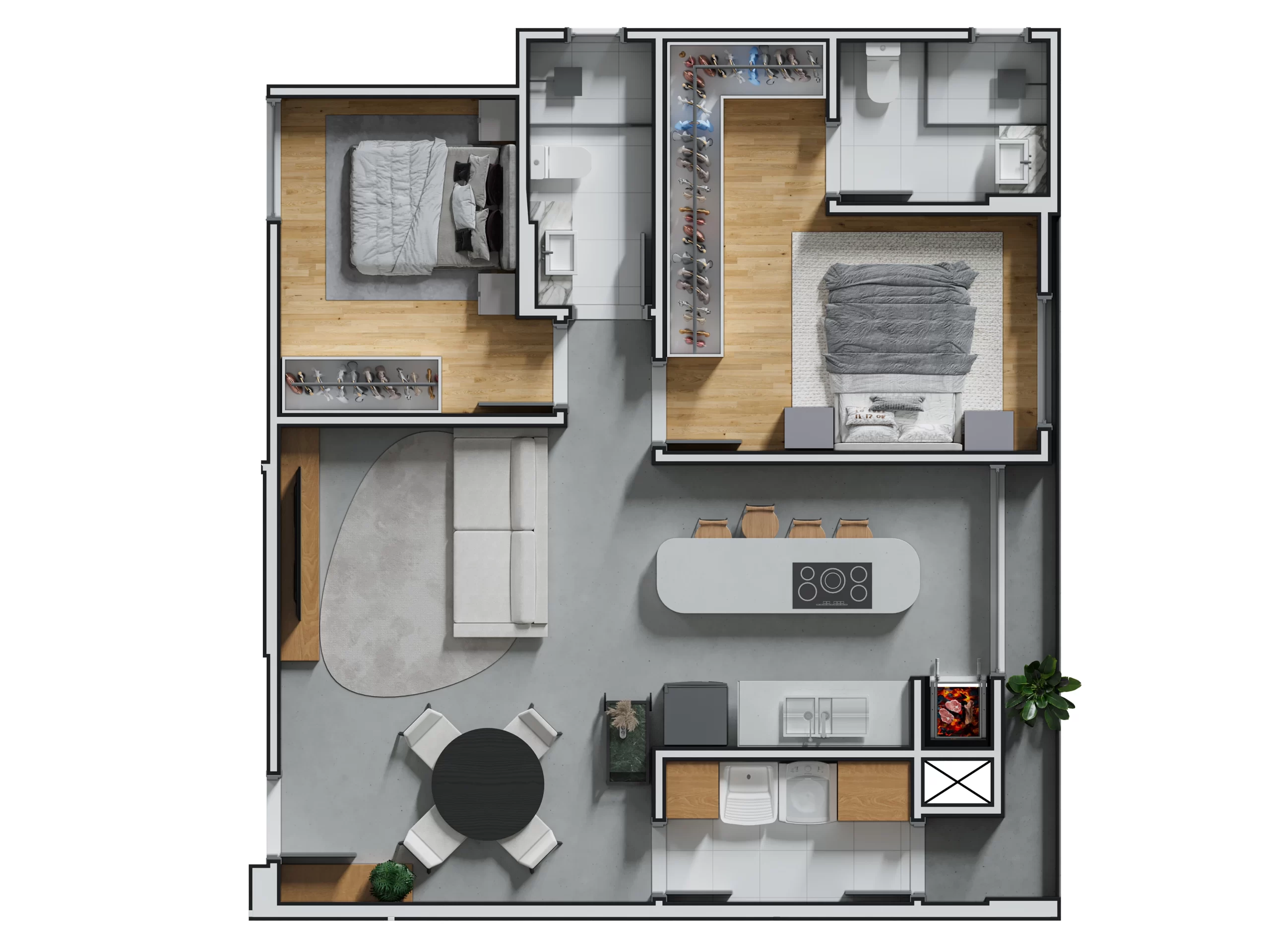 Planta de apartamento de 2 quartos com sala integrada, cozinha com ilha, banheiro central e dois dormitórios com armários planejados.